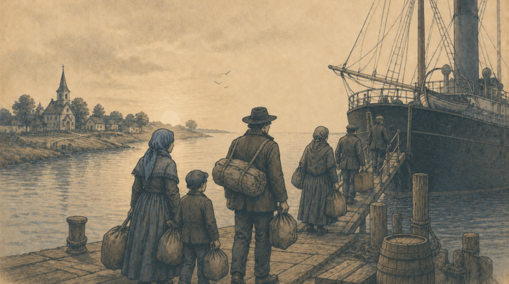 Illustration of Acadian families being deported in the Grand Dérangement