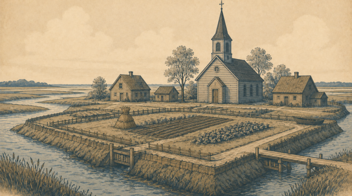 Illustration of an early Acadian farming settlement on the Bay of Fundy