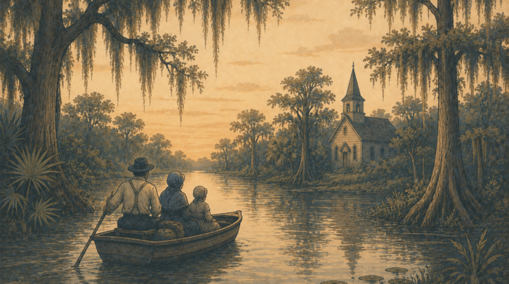 Illustration of an Acadian-descended Cajun community in the Louisiana bayous