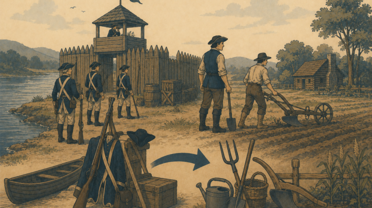 Illustration of Carignan-Salières soldiers settling in New France