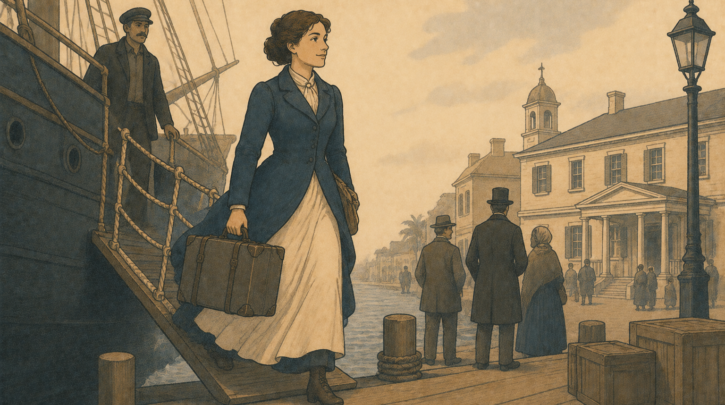 Illustration of a Fille du Roi arriving in New France