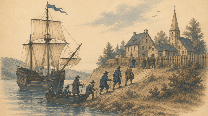 Illustration of a founding immigrant ancestor arriving in New France