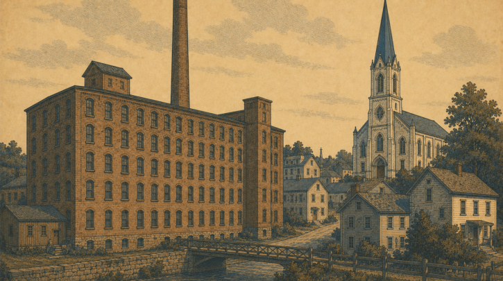 Illustration of a Petit Canada mill town neighborhood in New England
