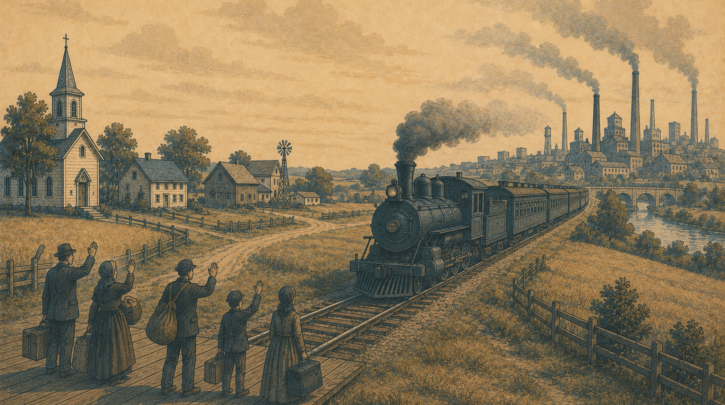 Illustration of French-Canadian families migrating to New England mill towns