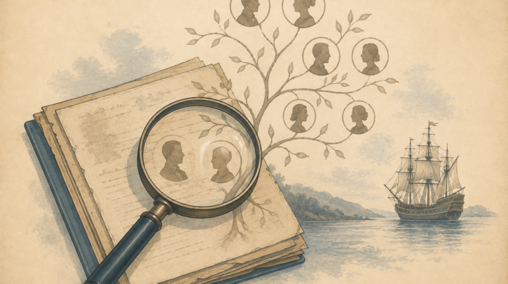Illustration of tracing a French-Canadian family tree from an old document