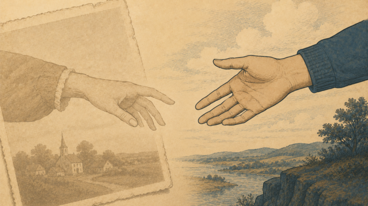 Illustration of hands reaching across generations to reclaim French-Canadian heritage