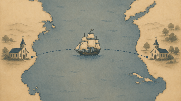 Illustration of tracing a family line across the Atlantic from Québec to France