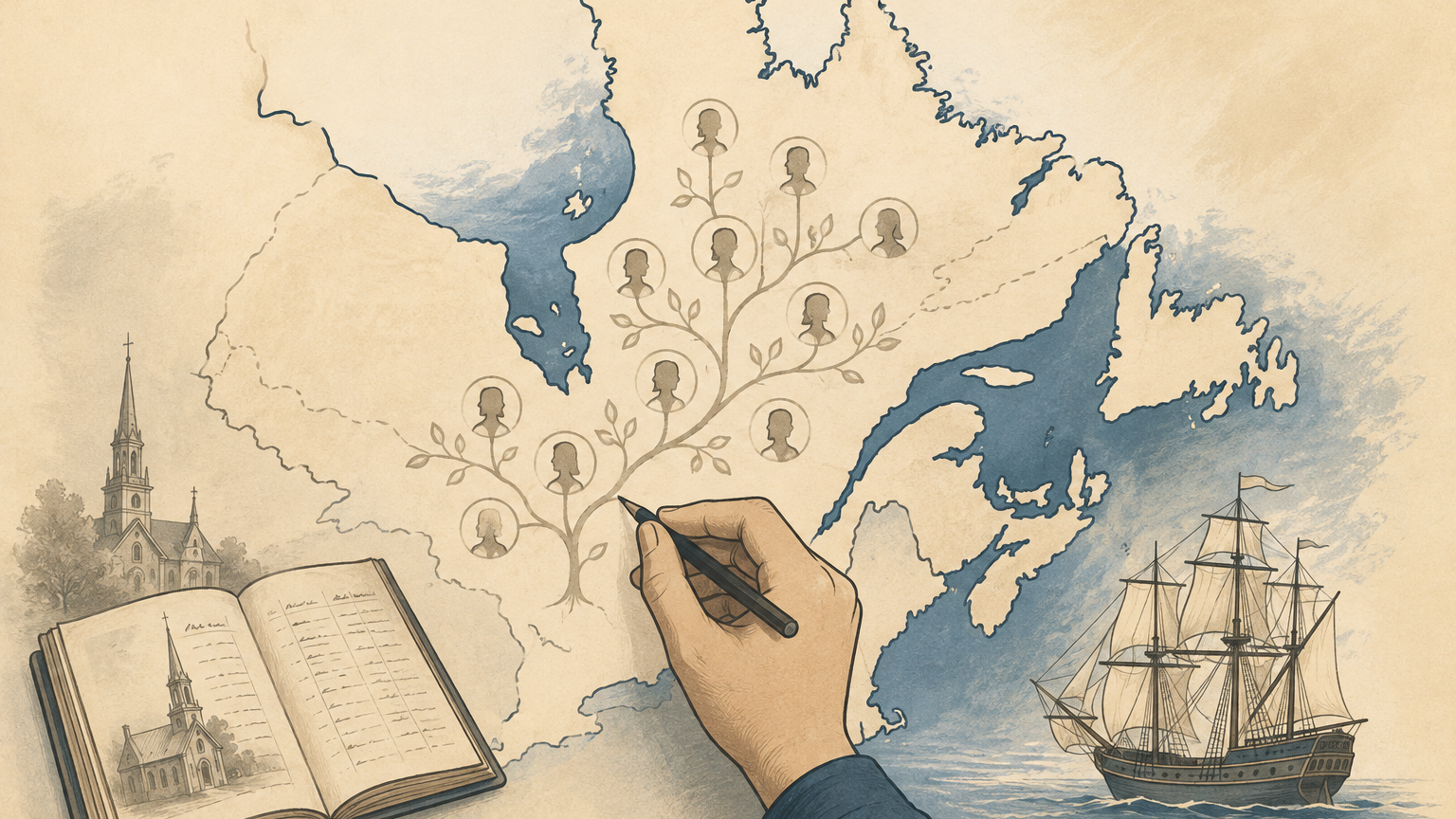 Illustration of a French-Canadian family tree traced across Québec and New France