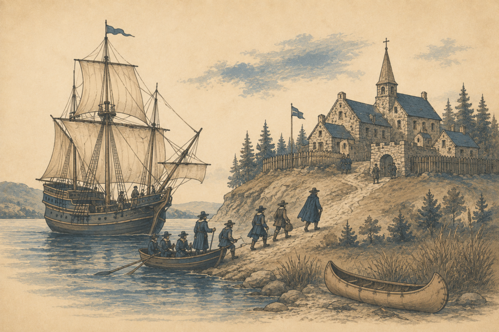 Illustration of a founding immigrant ancestor arriving in New France